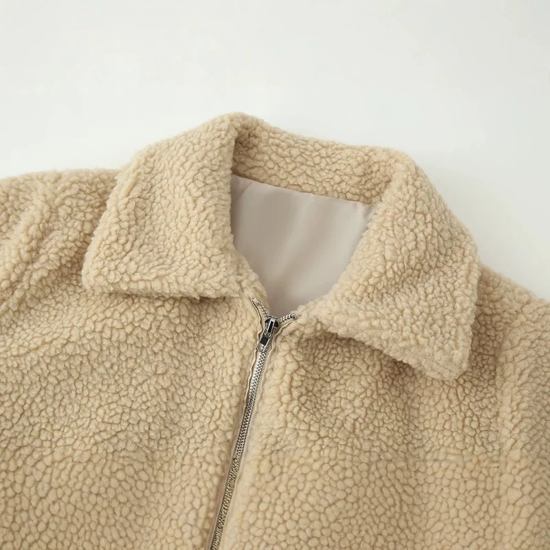 Damen Oversized Teddyjacke mit Reißverschluss, Kragen und aufgesetzten Taschen Drune