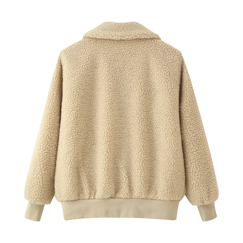 Damen Oversized Teddyjacke mit Reißverschluss, Kragen und aufgesetzten Taschen Drune