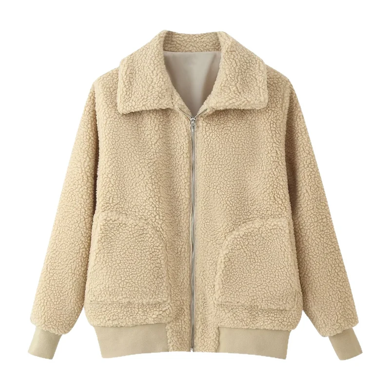 Damen Oversized Teddyjacke mit Reißverschluss, Kragen und aufgesetzten Taschen Drune