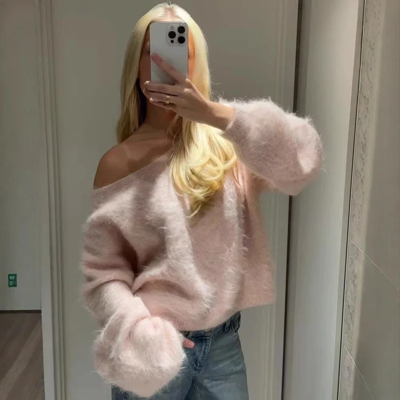 Damen Oversized Strickpullover mit weitem Boatneck, Raglanärmeln und weicher Fluffy-Optik Drune