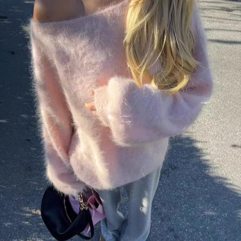 Damen Oversized Strickpullover mit weitem Boatneck, Raglanärmeln und weicher Fluffy-Optik Drune