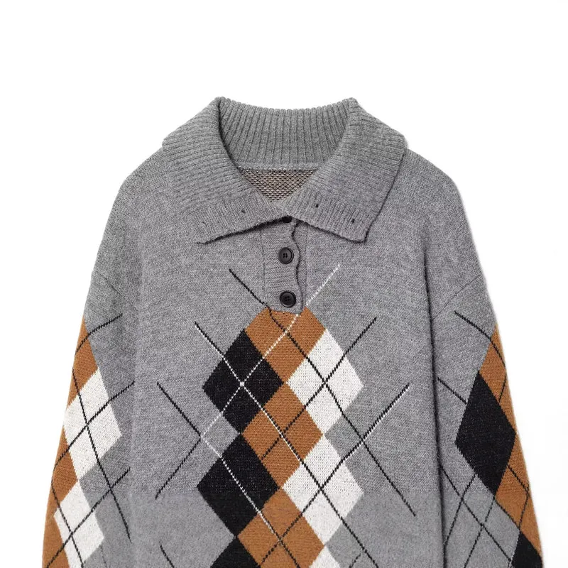 Damen Oversized Strickpullover mit Rautenmuster und Rollkragen Drune