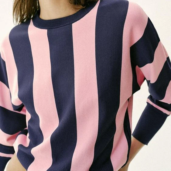 Damen Oversized Strickpullover mit breiten Streifen, Rundhalsausschnitt und verlängerten Rippärmeln Drune