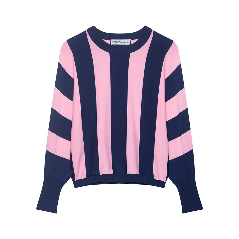 Damen Oversized Strickpullover mit breiten Streifen, Rundhalsausschnitt und verlängerten Rippärmeln Drune