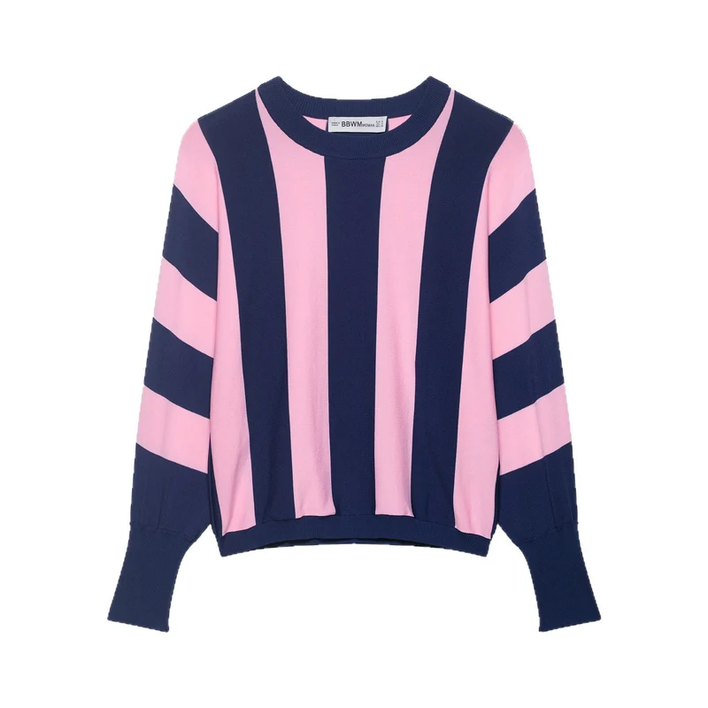 Damen Oversized Strickpullover mit breiten Streifen, Rundhalsausschnitt und verlängerten Rippärmeln Drune
