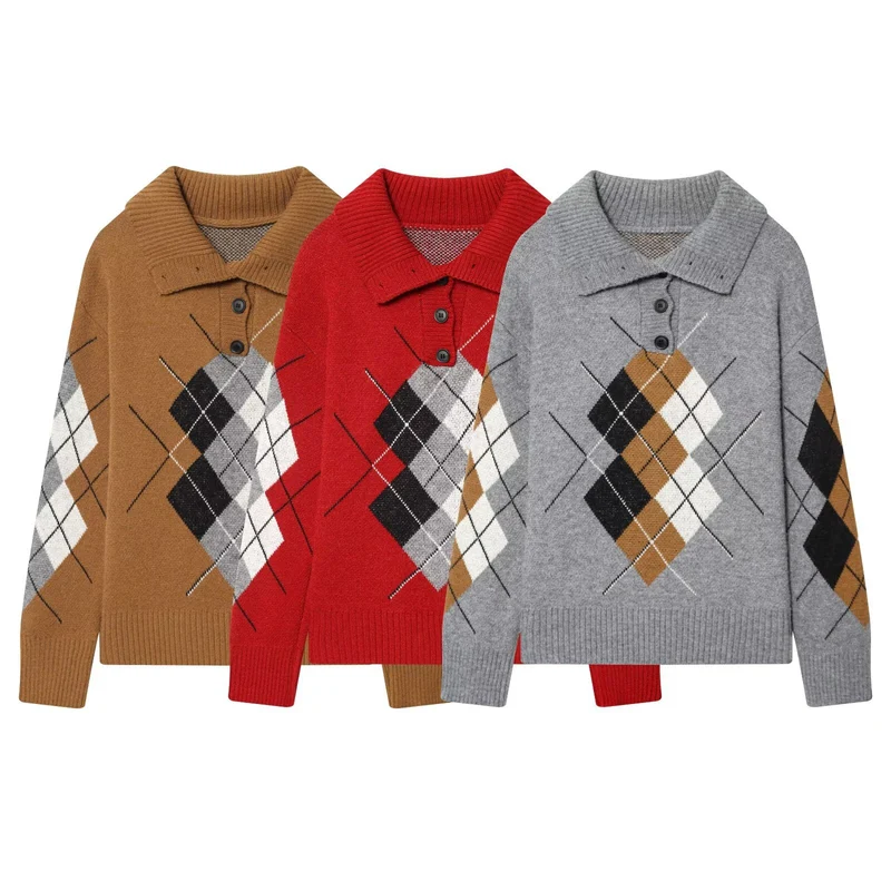 Damen Oversized Pullover mit Rautenmuster und Polokragen mit Knopfleiste Drune