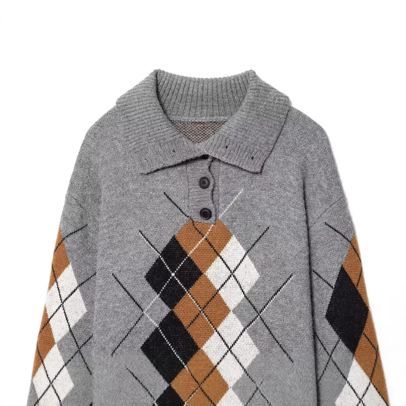 Damen Oversized Pullover mit Rautenmuster und Polokragen mit Knopfleiste Drune