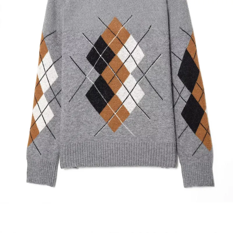 Damen Oversized Pullover mit Rautenmuster und Polokragen mit Knopfleiste Drune