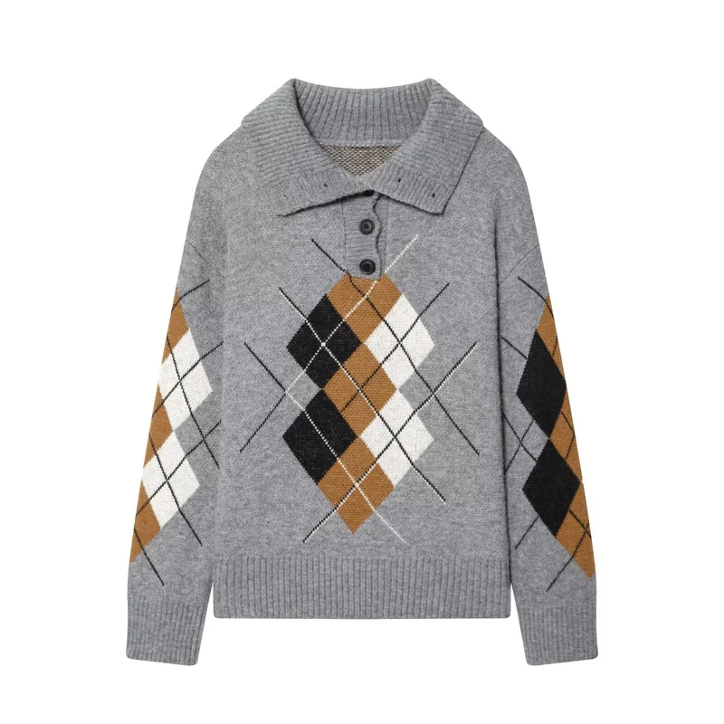 Damen Oversized Pullover mit Rautenmuster und Polokragen mit Knopfleiste Drune