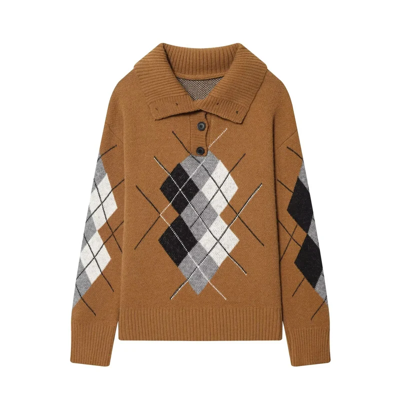 Damen Oversized Pullover mit Rautenmuster und Polokragen mit Knopfleiste Drune