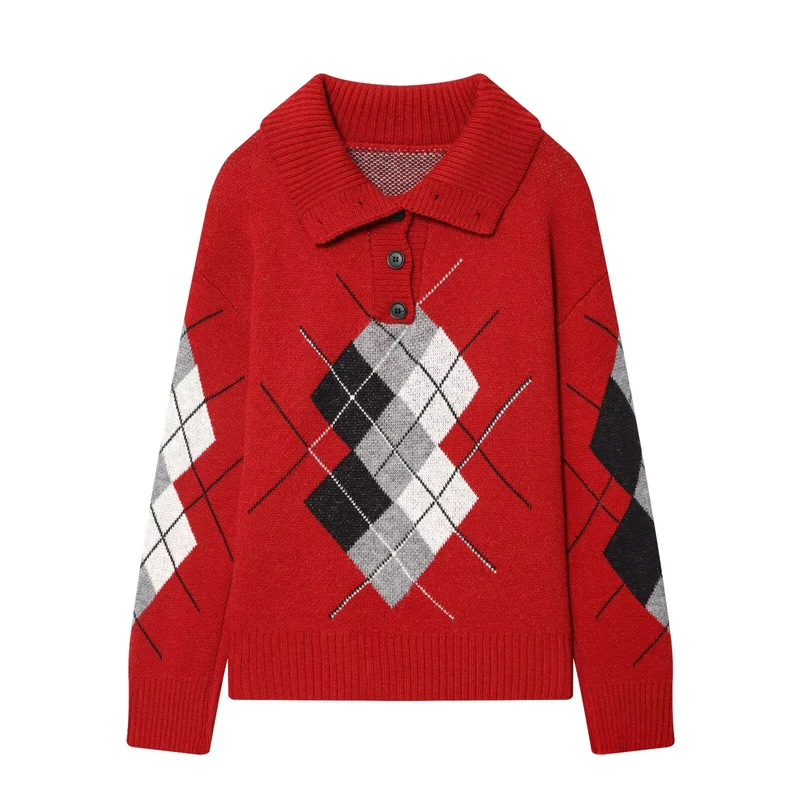 Damen Oversized Pullover mit Rautenmuster und Polokragen mit Knopfleiste Drune