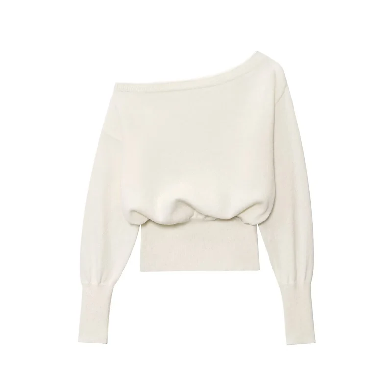 Damen Oversized Off-Shoulder-Cropped-Pullover mit Ballonärmeln Drune