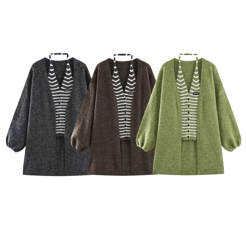 Damen Oversized Mohairoptik-Cardigan mit Ballonärmeln und gestreiftem Einsatz Drune