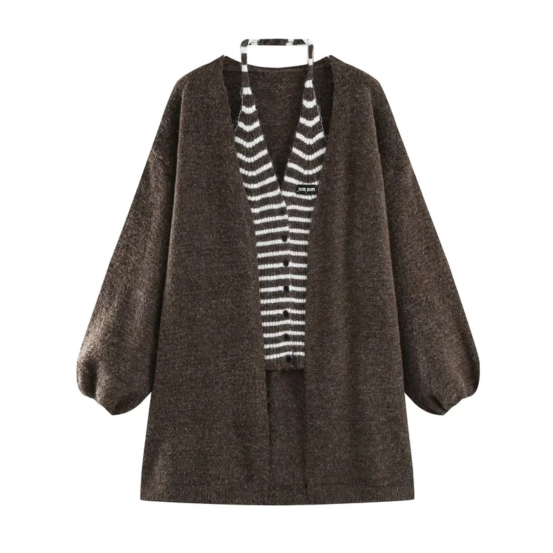Damen Oversized Mohairoptik-Cardigan mit Ballonärmeln und gestreiftem Einsatz Drune