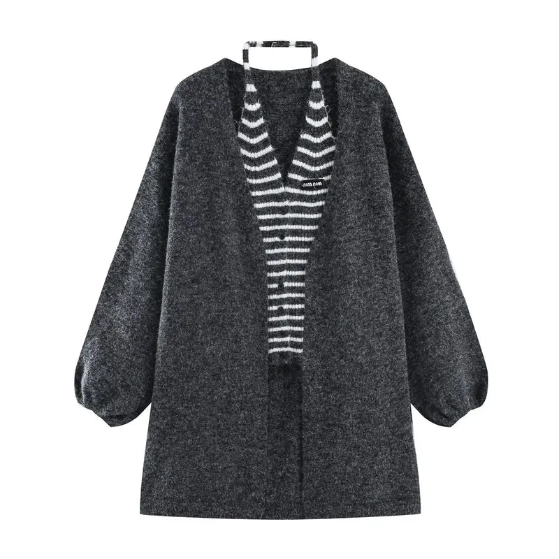 Damen Oversized Mohairoptik-Cardigan mit Ballonärmeln und gestreiftem Einsatz Drune