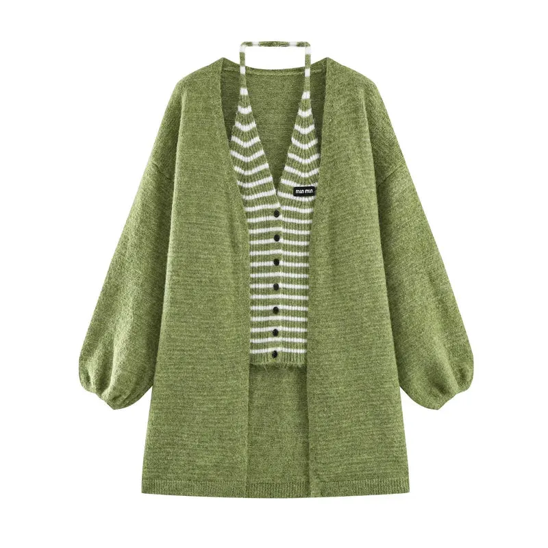 Damen Oversized Mohairoptik-Cardigan mit Ballonärmeln und gestreiftem Einsatz Drune