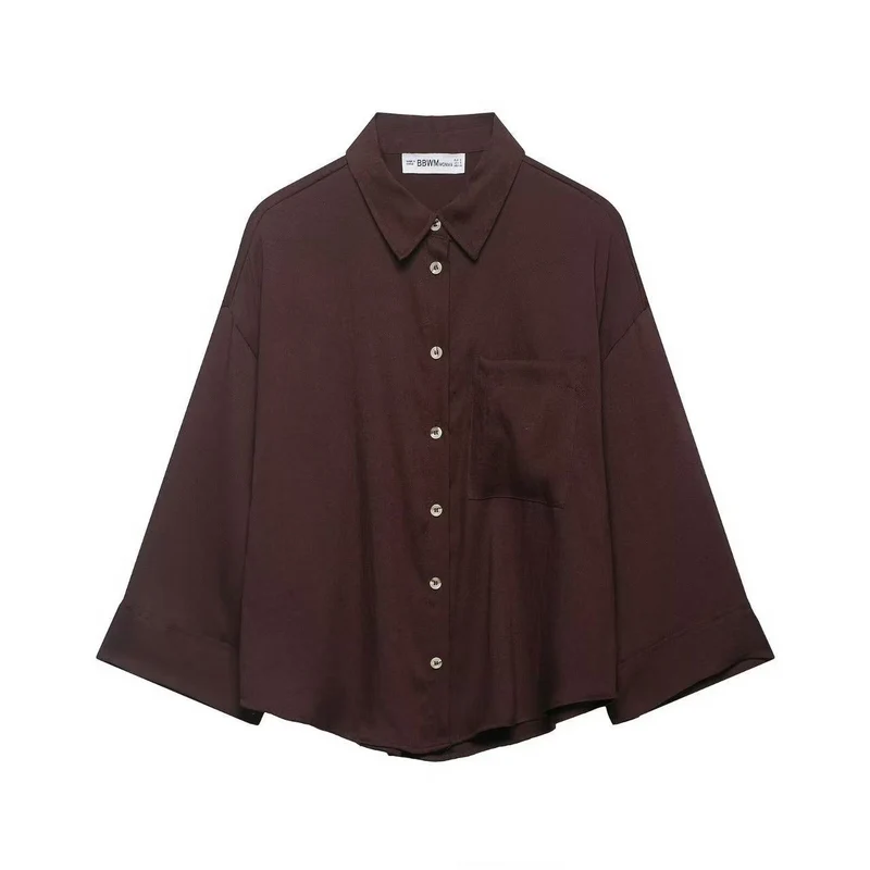 Damen Oversized Leinenoptik-Hemdbluse mit weiten Dreiviertelärmeln und Brusttasche Drune