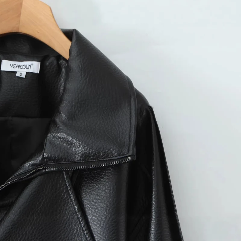 Damen Oversized Lederjacke mit asymmetrischem Reißverschluss und breitem Kragen Drune