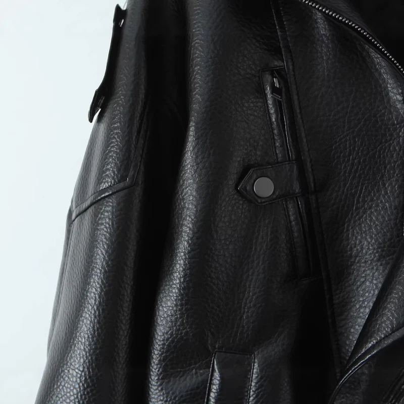 Damen Oversized Lederjacke mit asymmetrischem Reißverschluss und breitem Kragen Drune