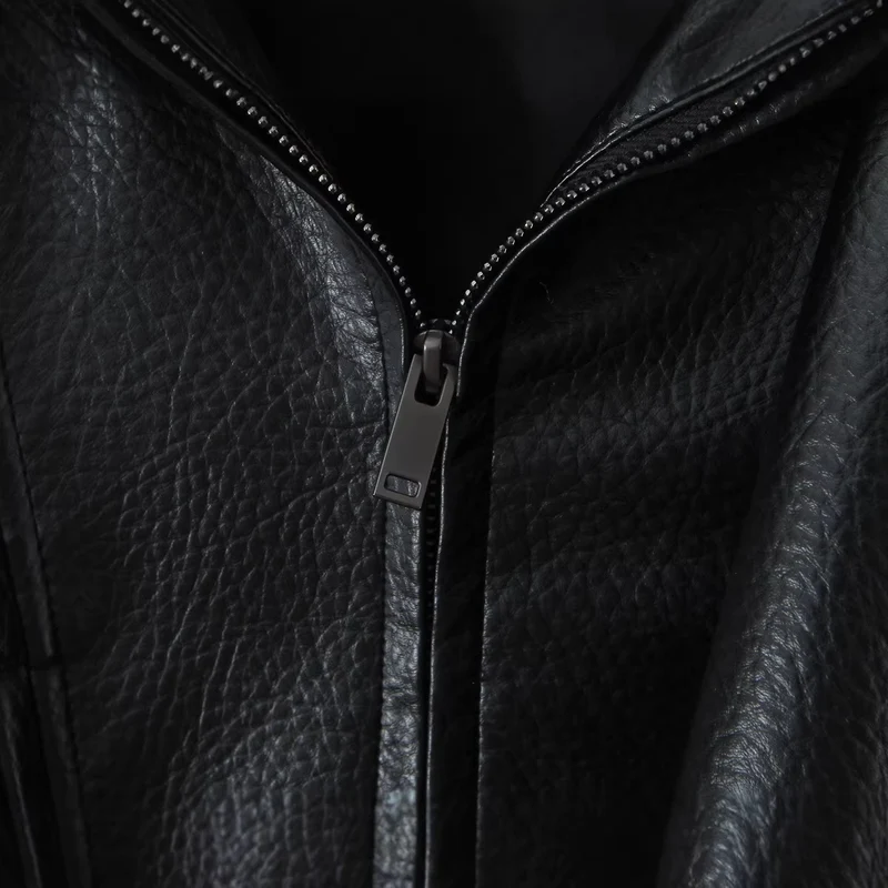 Damen Oversized Lederjacke mit asymmetrischem Reißverschluss und breitem Kragen Drune