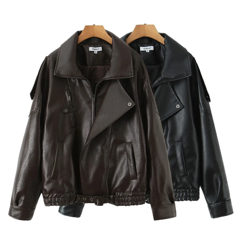 Damen Oversized Lederjacke mit asymmetrischem Reißverschluss und breitem Kragen Drune