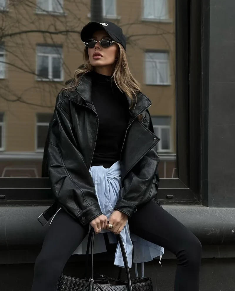 Damen Oversized Lederjacke mit asymmetrischem Reißverschluss und breitem Kragen Drune
