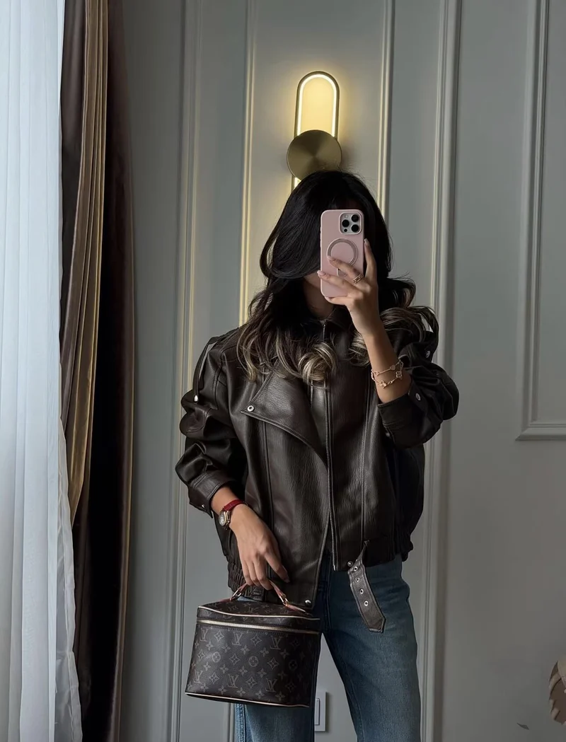 Damen Oversized Lederjacke mit asymmetrischem Reißverschluss und breitem Kragen Drune