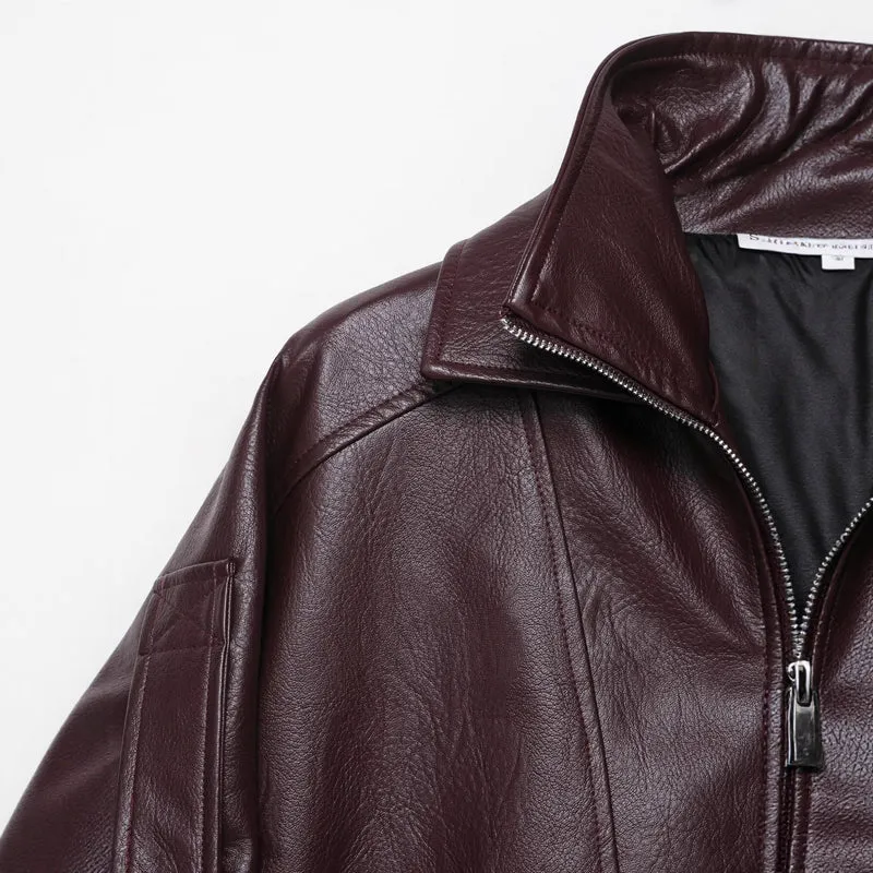 Damen Oversized Lederjacke im Bomberstil mit Taillengürtel Drune