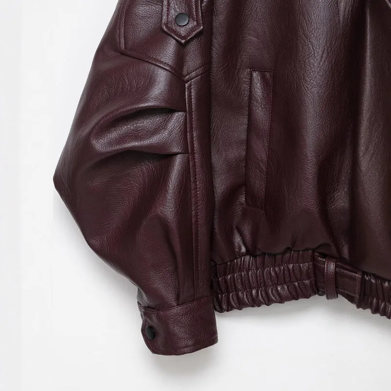 Damen Oversized Lederjacke im Bomberstil mit Taillengürtel Drune