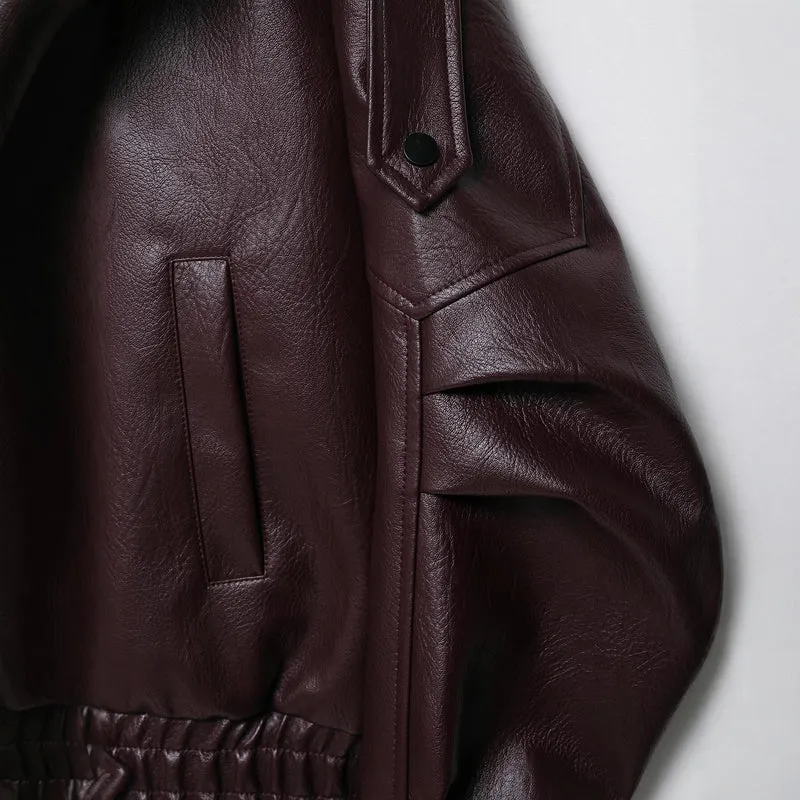 Damen Oversized Lederjacke im Bomberstil mit Taillengürtel Drune