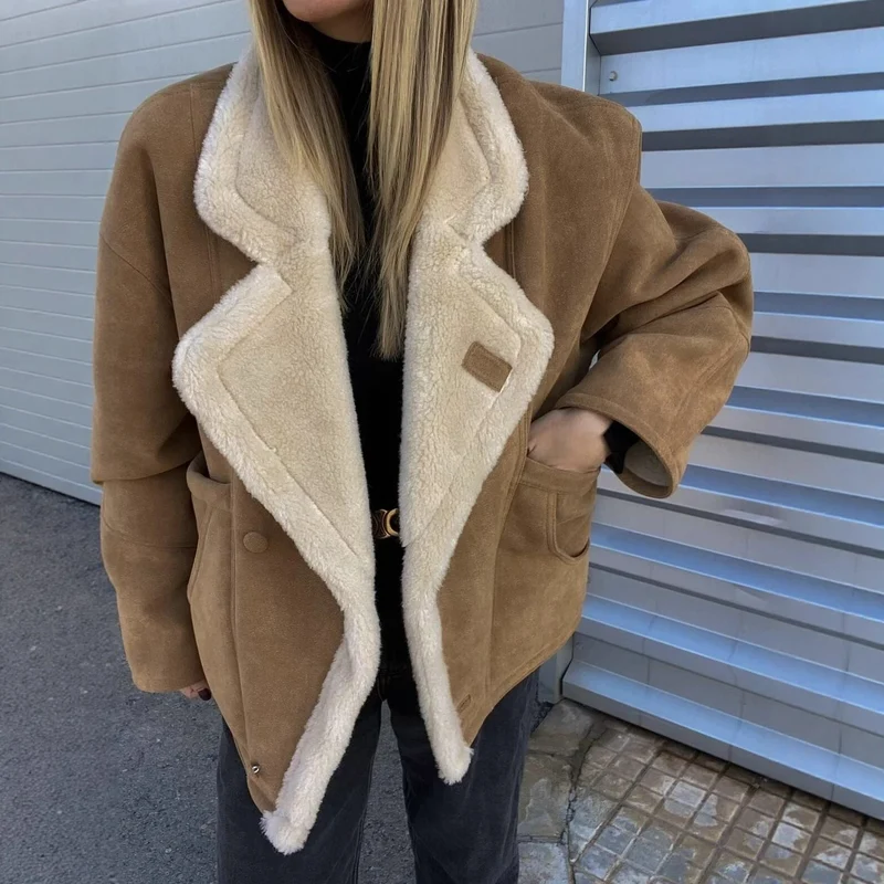 Damen Oversized Kurzjacke aus Wildlederoptik mit Teddyfutter und großem Reverskragen Drune