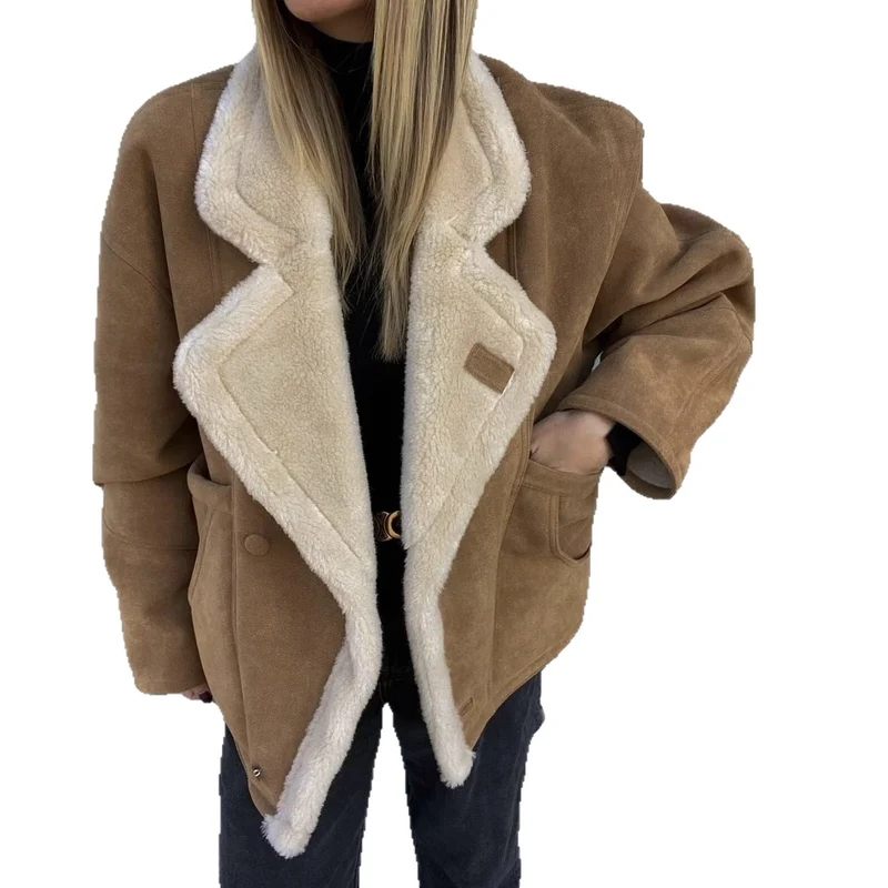 Damen Oversized Kurzjacke aus Wildlederoptik mit Teddyfutter und großem Reverskragen Drune