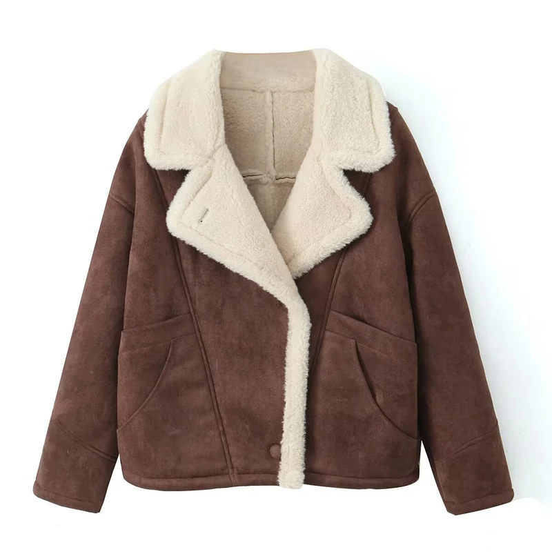 Damen Oversized Kurzjacke aus Wildlederoptik mit Teddyfutter und großem Reverskragen Drune