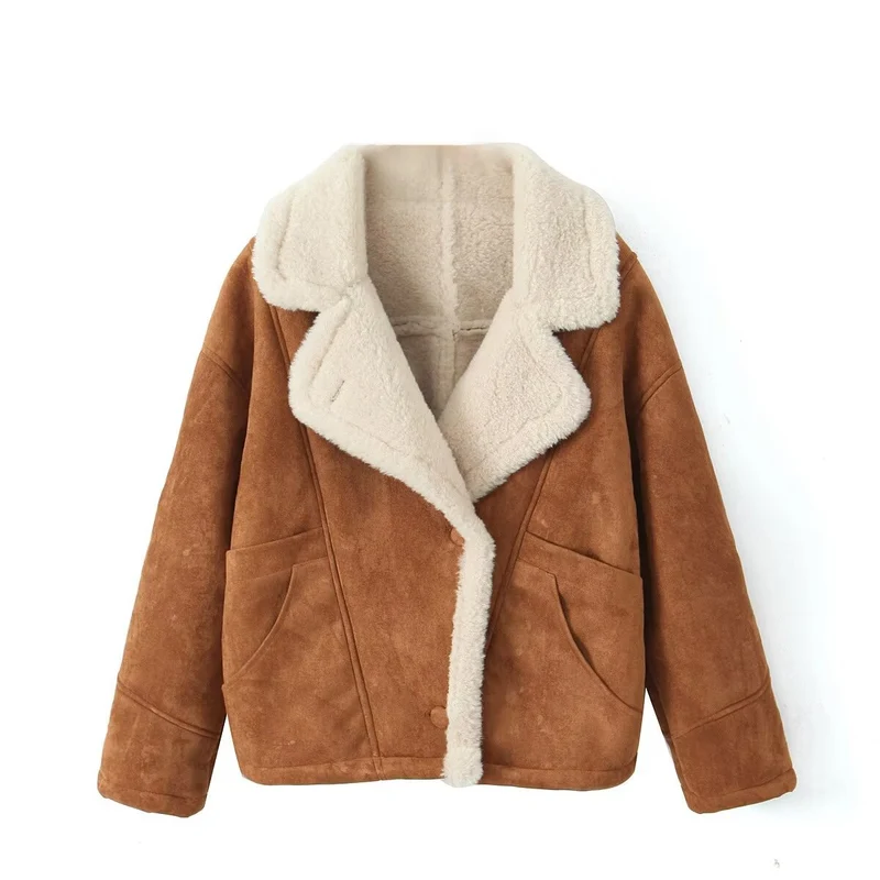 Damen Oversized Kurzjacke aus Wildlederoptik mit Teddyfutter und großem Reverskragen Drune