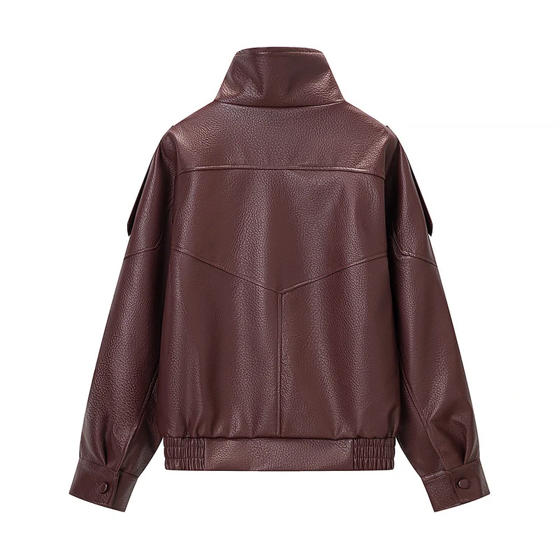 Damen Oversized Kunstlederjacke mit hohem Stehkragen, asymmetrischer Knopfleiste und elastischem Saum Drune