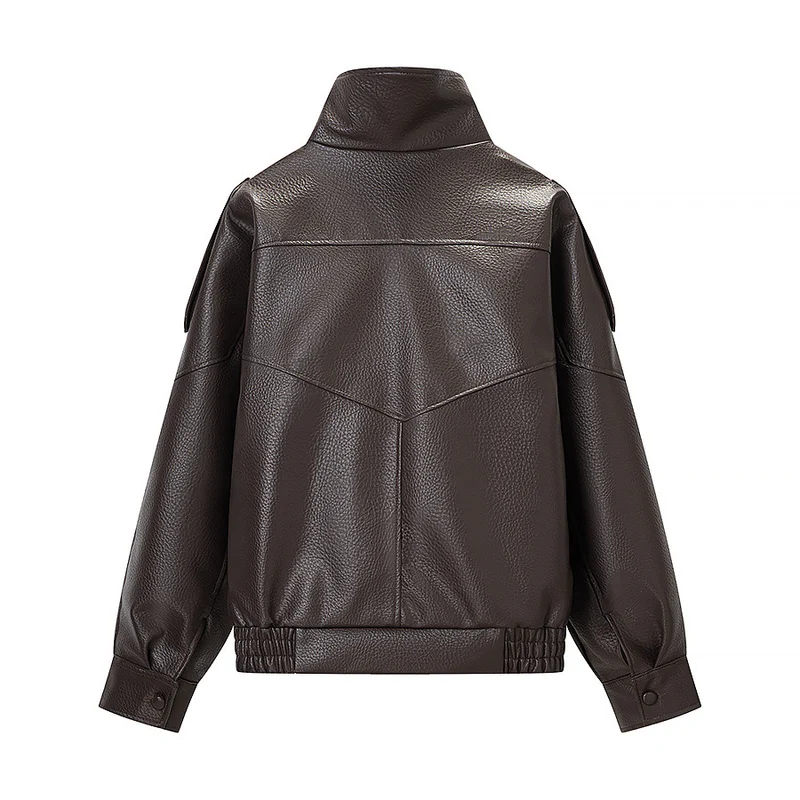 Damen Oversized Kunstlederjacke mit hohem Stehkragen, asymmetrischer Knopfleiste und elastischem Saum Drune