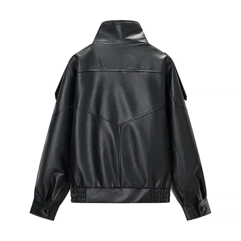 Damen Oversized Kunstlederjacke mit hohem Stehkragen, asymmetrischer Knopfleiste und elastischem Saum Drune