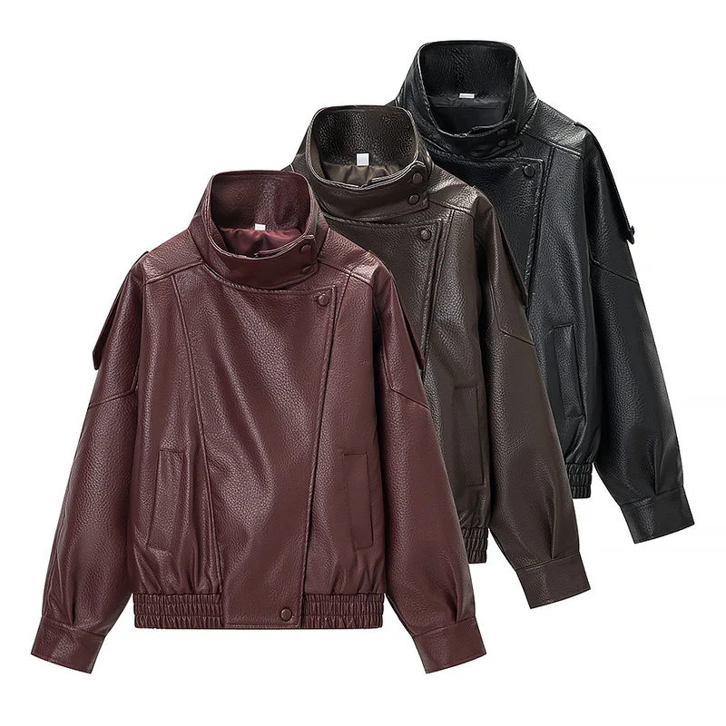 Damen Oversized Kunstlederjacke mit hohem Stehkragen, asymmetrischer Knopfleiste und elastischem Saum Drune