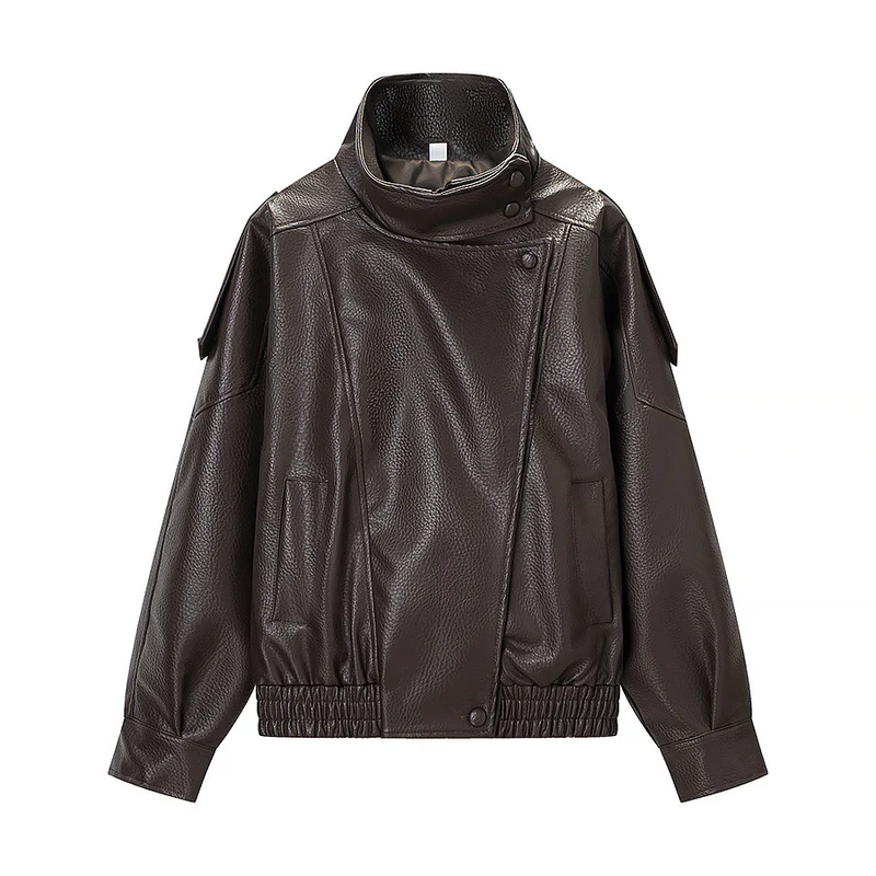 Damen Oversized Kunstlederjacke mit hohem Stehkragen, asymmetrischer Knopfleiste und elastischem Saum Drune