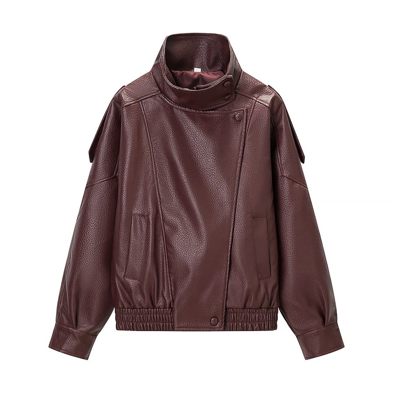 Damen Oversized Kunstlederjacke mit hohem Stehkragen, asymmetrischer Knopfleiste und elastischem Saum Drune