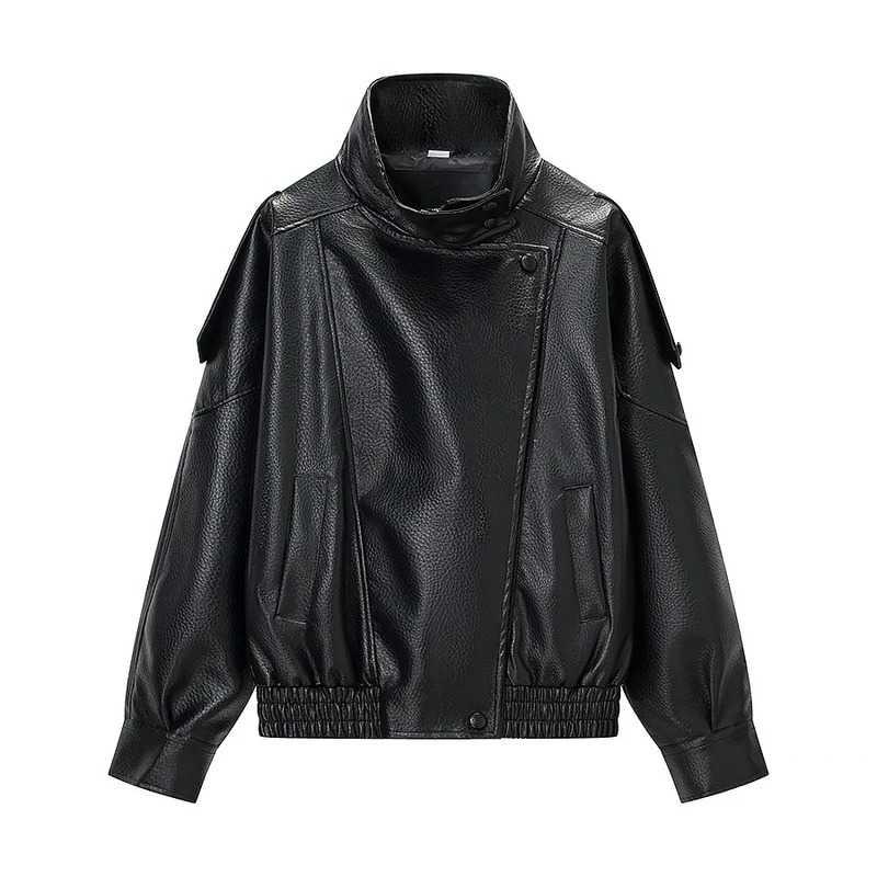 Damen Oversized Kunstlederjacke mit hohem Stehkragen, asymmetrischer Knopfleiste und elastischem Saum Drune