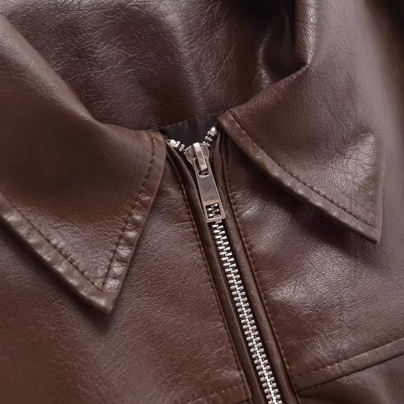 Damen Oversized Kunstlederjacke mit Hemdkragen, durchgehendem Reißverschluss und elastischem Saum Drune