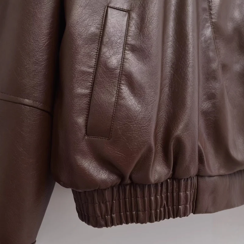 Damen Oversized Kunstlederjacke mit Hemdkragen, durchgehendem Reißverschluss und elastischem Saum Drune