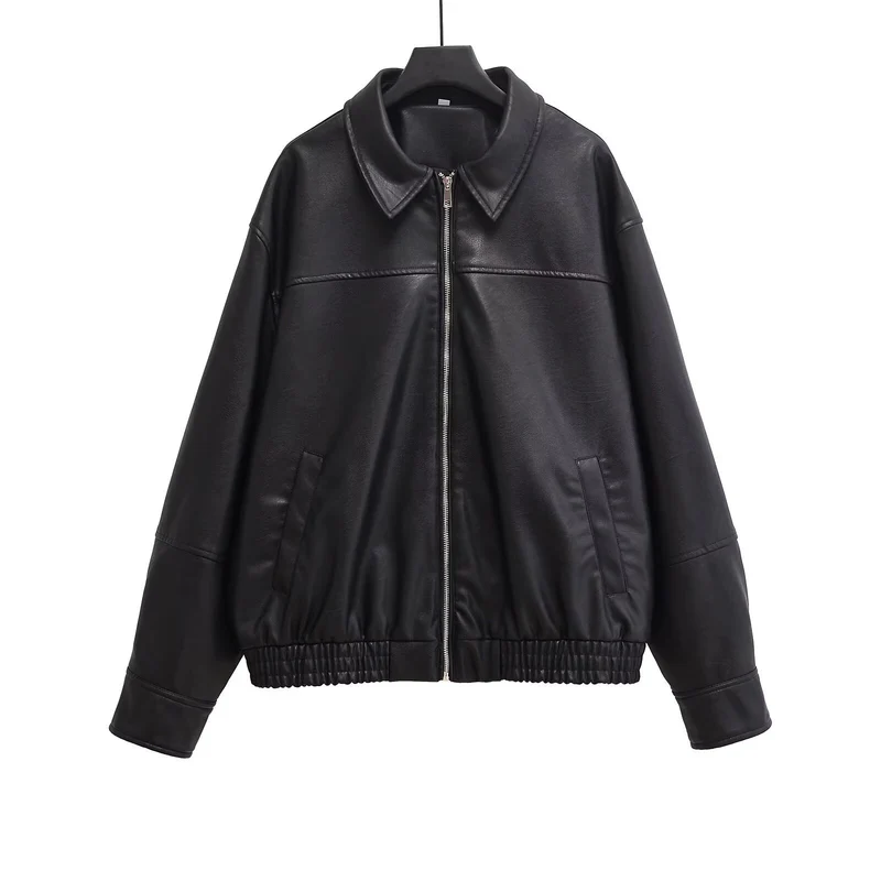 Damen Oversized Kunstlederjacke mit Hemdkragen, durchgehendem Reißverschluss und elastischem Saum Drune