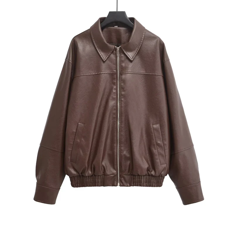 Damen Oversized Kunstlederjacke mit Hemdkragen, durchgehendem Reißverschluss und elastischem Saum Drune