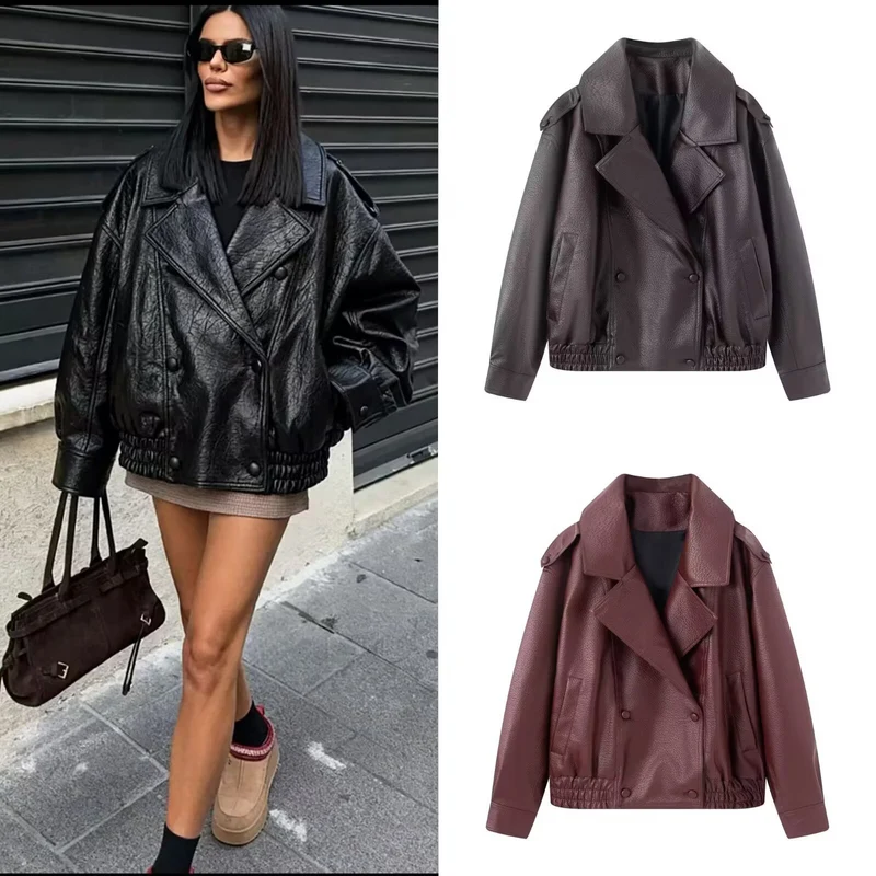 Damen Oversized Kunstlederjacke mit großem Revers, doppelreihiger Druckknopfleiste und elastischem Saum Drune