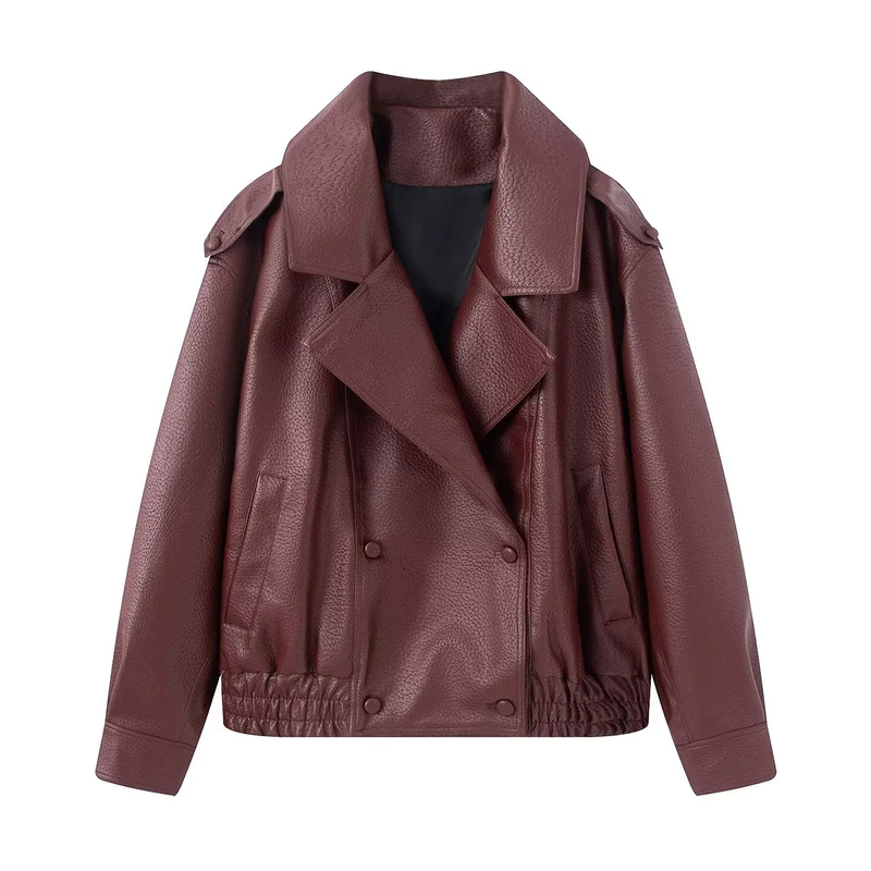 Damen Oversized Kunstlederjacke mit großem Revers, doppelreihiger Druckknopfleiste und elastischem Saum Drune