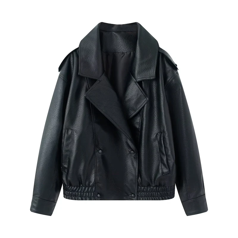 Damen Oversized Kunstlederjacke mit großem Revers, doppelreihiger Druckknopfleiste und elastischem Saum Drune