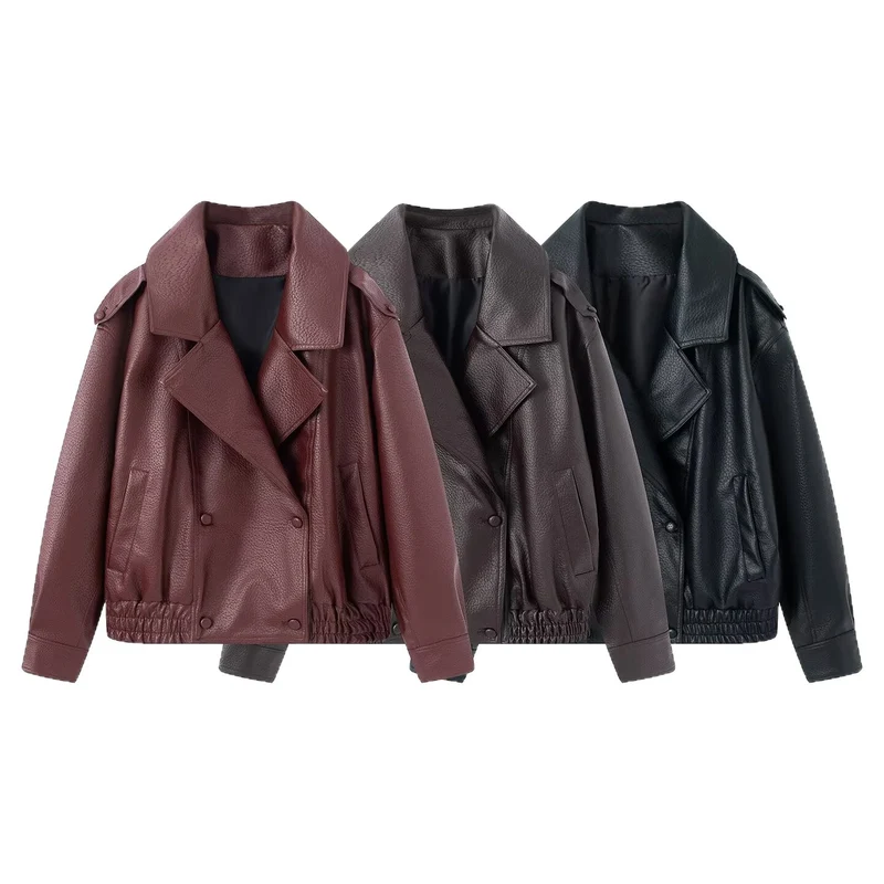 Damen Oversized Kunstlederjacke mit großem Revers, doppelreihiger Druckknopfleiste und elastischem Saum Drune