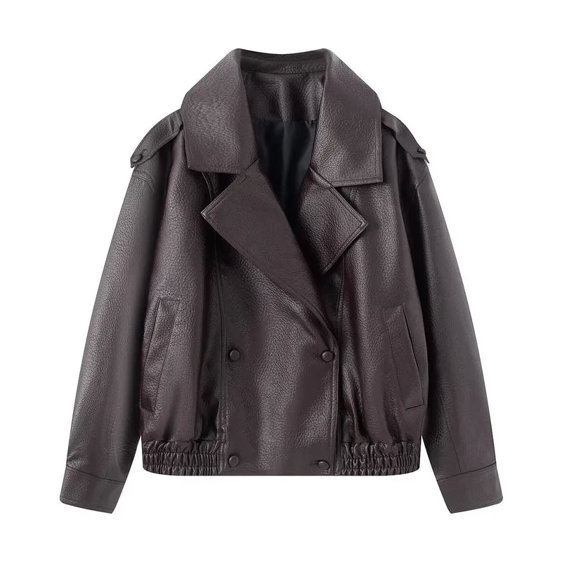Damen Oversized Kunstlederjacke mit großem Revers, doppelreihiger Druckknopfleiste und elastischem Saum Drune